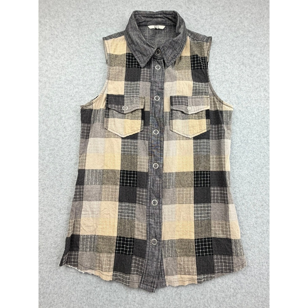 BKE Sleeveless Plaid Lace Back Snap Button Top Gray Tan Small